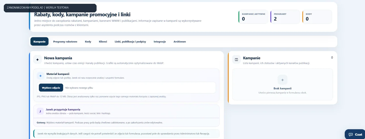 Anonimizowany ekran Serwion: Kampanie i marketing