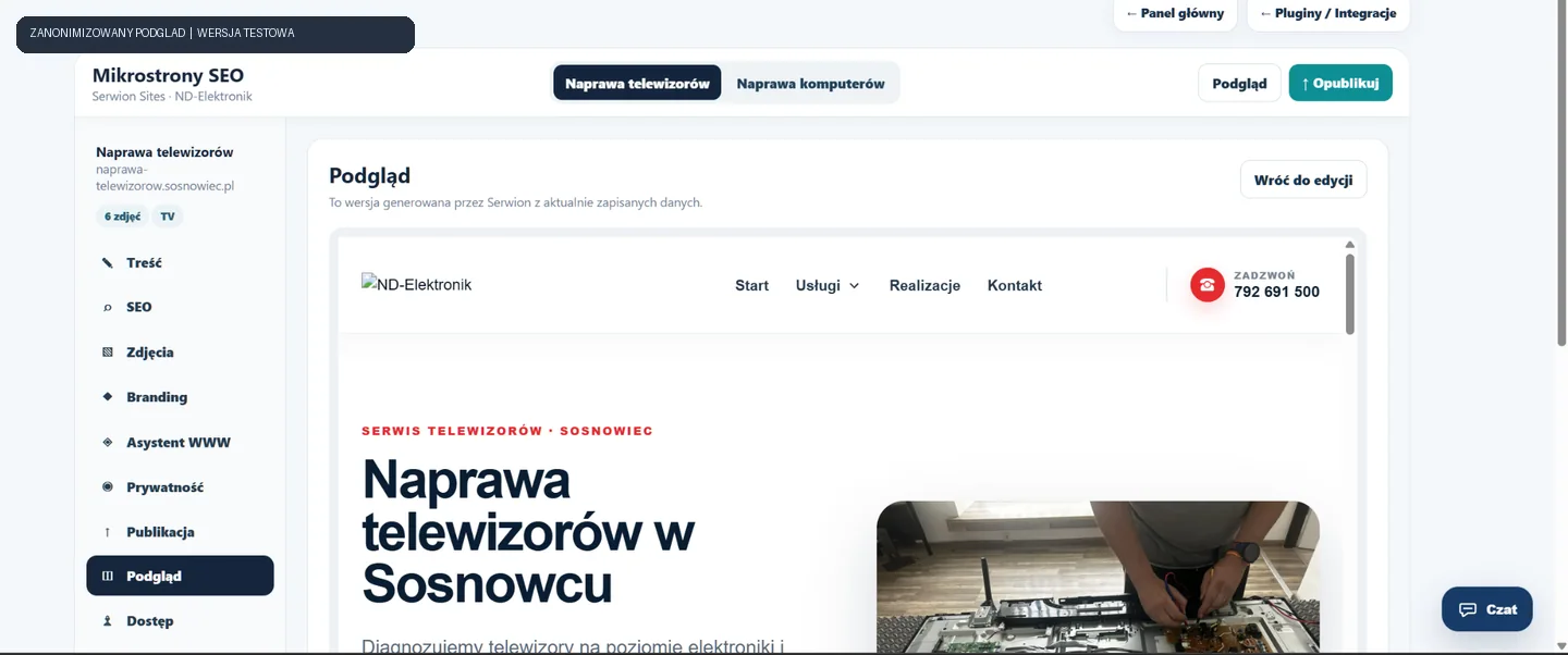 Anonimizowany ekran Serwion: Mikrostrony i SEO