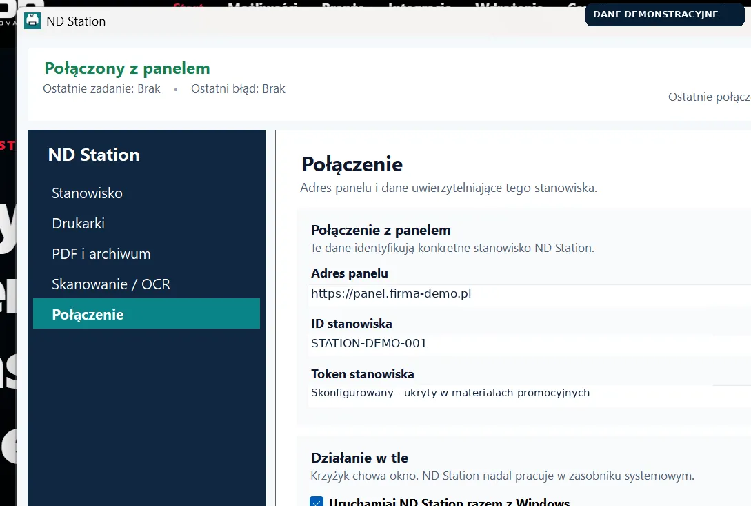 Połączenie ND Station — dane demonstracyjne