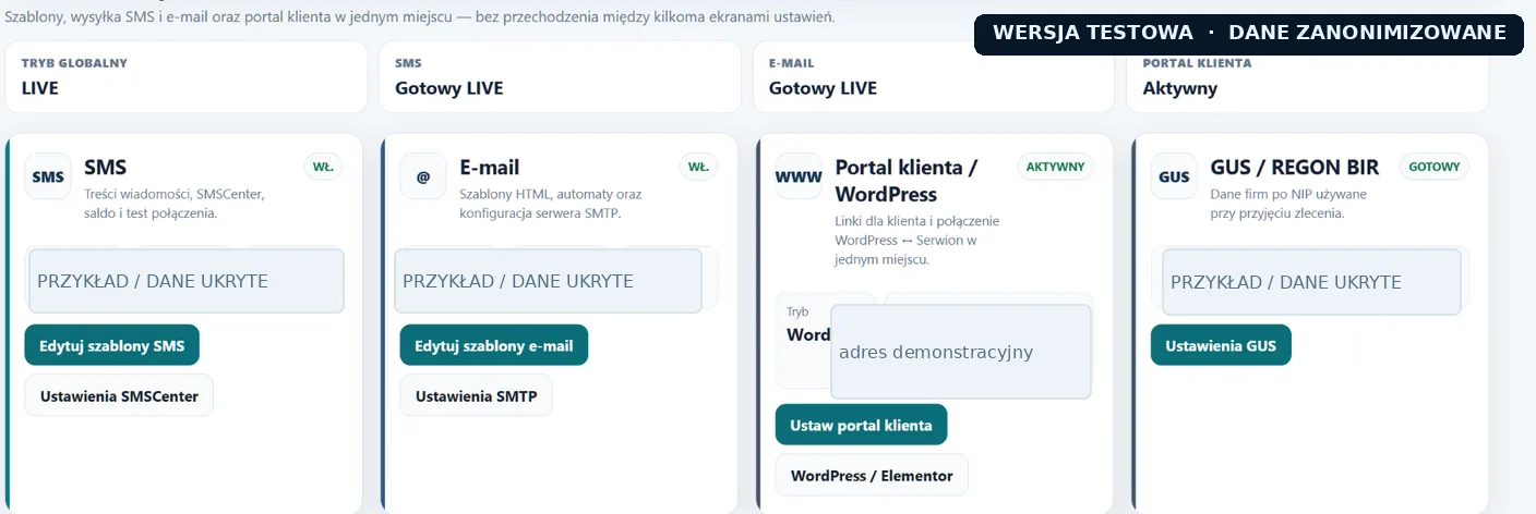 SMS, e-mail, portal i GUS — ekran testowy, dane zanonimizowane